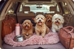 車のトランクに座るトイプードル系の犬4匹と旅行グッズ