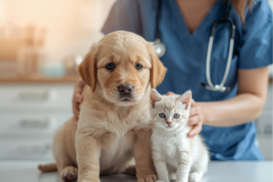 動物病院で獣医師に抱かれる子犬と子猫