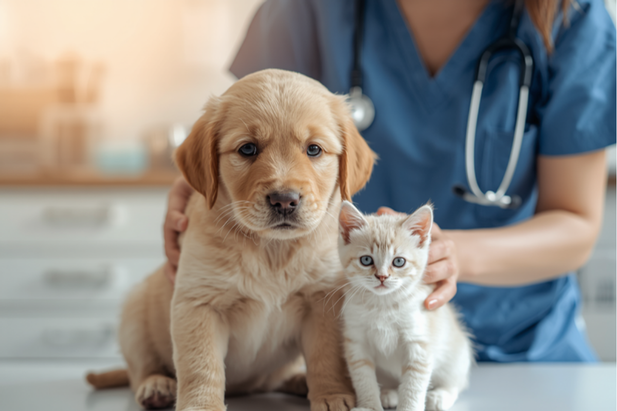 動物病院で獣医師に抱かれる子犬と子猫